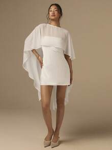 COSMINA 2 piezas/Set Vestido mini de satén con corte sesgo y capa chal para mujer, vestido de cóctel de unicolor para boda, fiesta, evento, vacaciones, blanco - Blanco - Ver 3