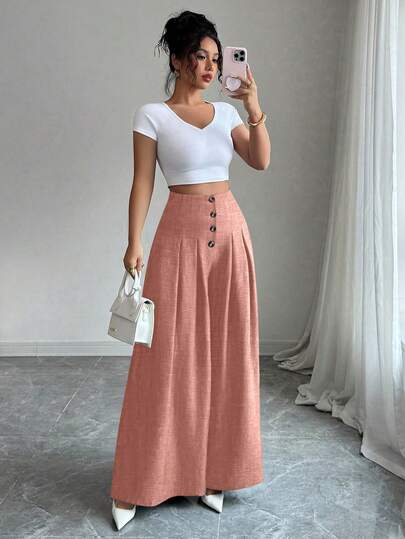 Elenzga Women's Fashion High-End Button Fly Fold Pleated Loose Wide Leg Pants