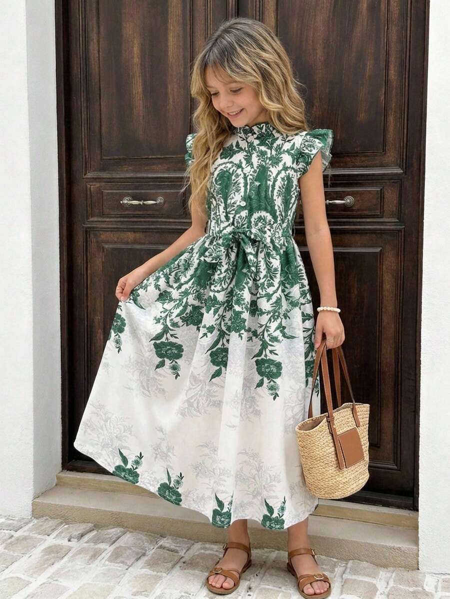 Girls' Elegant White Floral Summer Boho Vacation Holiday Dress,Digital Printing Ruffle Trim Flutter Sleeves Resort Style Formal Party Outfit