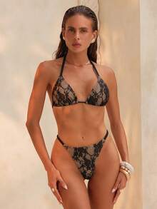 Swim Chiccia Bộ bikini ren gợi cảm mới dành cho nữ, áo tắm hai mảnh cúp ngực tam giác dây mảnh, bộ bikini 2 mảnh ren, áo tắm gợi cảm, bộ bikini 2 mảnh. - màu đen - Xem 3