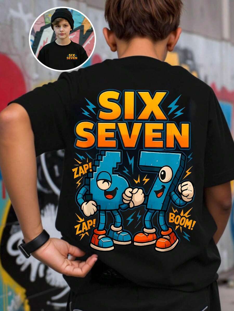 Tween Boy Spring And Summer Casual Stylish Creative Personalized Refreshing Minimalist Numeric 67 Lightning Bolt Graphic Letter Slogan Print Basic Short T-Shirt, Comfortable Daily Wear For Boys