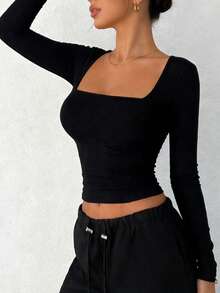 DAZY Áo thun nữ tay dài cổ vuông dáng ôm vừa vặn, kiểu áo croptop thường ngày. - màu đen - Xem 3