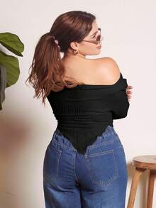 Lupita Cardoza Y2K Grunge 不对称领口生菜边 T 恤 - 黑色 - 查看 2