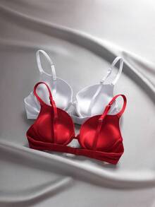 EmpressEnvy Solid Color Minimalist Steel Hoop Bra Bra Packpush Up Braspush Up Bra Two Set 2 Pcs - Multicolor - View 2