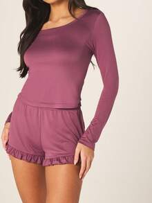 MISSGUIDED 女士两件套荷叶边下摆家居服套装，长袖上衣搭配短裤，休闲睡衣套装，秋冬舒适之选 - 紫色 - 查看 5