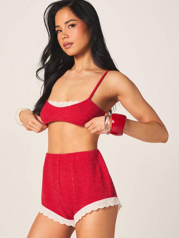 MISSGUIDED Red Knitted High Waisted Shorts With White Scalloped Lace Trim Detail Vintage Style Hot Pants Summer Festival Retro Fashion
