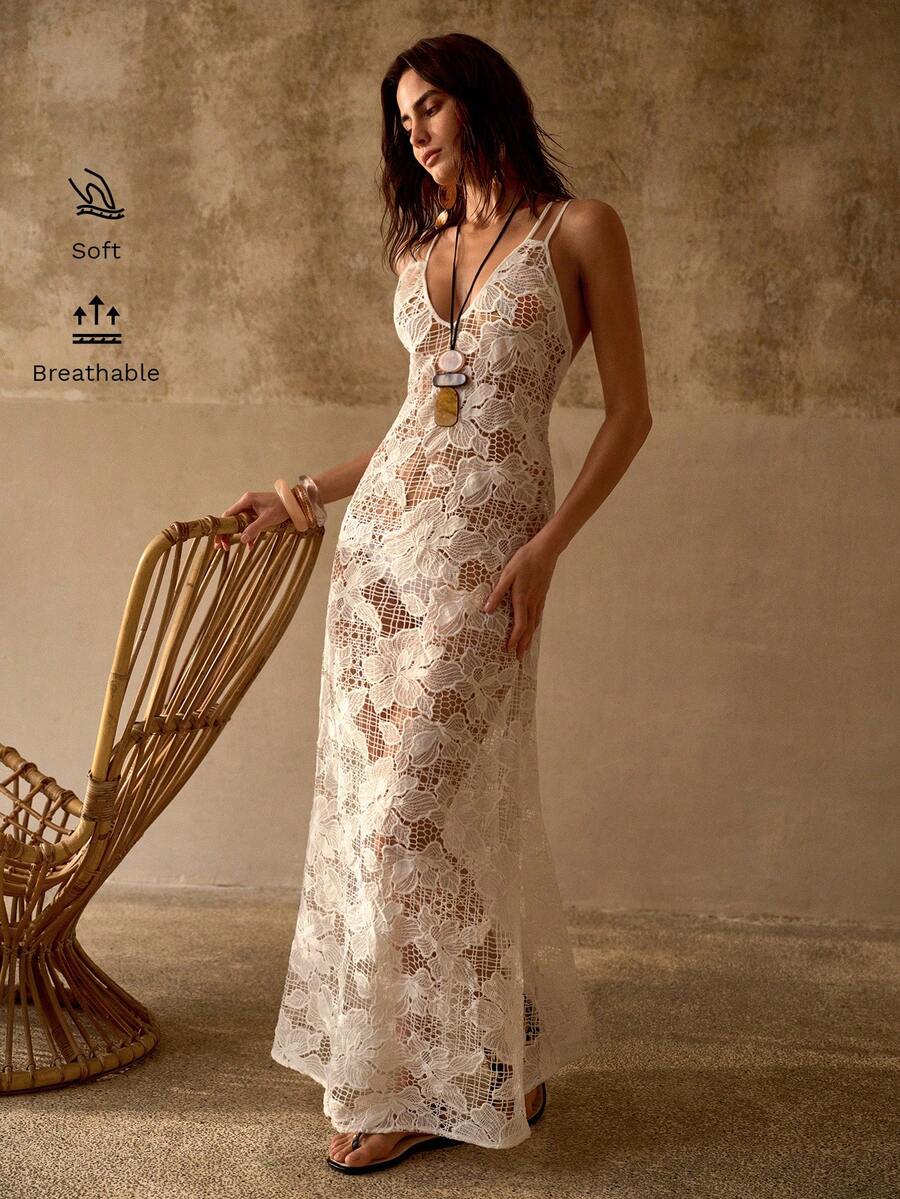 MOTF PREMIUM 休闲度假风印花露背连衣裙，开衩下摆，薄纱罩衫 - 白色 - 查看 1