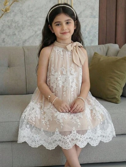 SHEIN 小女孩双层薄纱拼接蝴蝶结装饰派对礼服