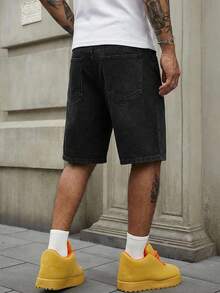 ROMWE MEN Street Life Men's Rhinestone Embellished Denim Shorts, Suitable For Spring/Summer Everyday Wear - Black - View 4