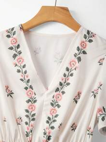 GlowEve Women's Pink Positioned Digital Print V-Neck Waist Gathered Ruffle Hem A-Line Elegant Commuter Slimming Spring/Summer Blouse - Apricot - View 6