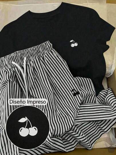 Conjunto de 2 piezas de camiseta de mujer con cordón y pantalon a rayas, con logo de cereza minimalista negro y blanco