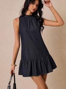 Poéselle New Women's Denim Dress, Casual Washed Denim Sleeveless Ruffle Dress, High-Neck Dress, Mini Dress, Dark Blue Dress. Summer Dresses Summer Outfits  Summer Holiday Outfits Elegant Dresses For Party  Bridesmaid Dress Graduation Dress For Women Ceremony Dress  Elegant Dresses  Summer Vacation Outfits  Formal Dress For Women - Dark Wash - View 6