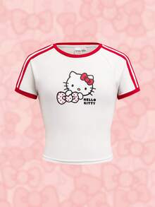 HELLO KITTY AND FRIENDS | SHEIN Tween Girls' Casual Cat Print Contrast Trim Short Sleeve T-Shirt, Summer - White - View 1