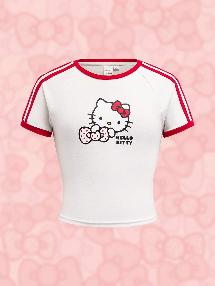 HELLO KITTY AND FRIENDS | SHEIN Tween Girls' Casual Cat Print Contrast Trim Short Sleeve T-Shirt, Summer - White - View 1