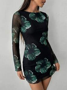 Aloruh Vestido mini ajustado de manga larga con espalda abierta y estampado de batik con cordones, sexy y de moda para mujer - Negro - Ver 6
