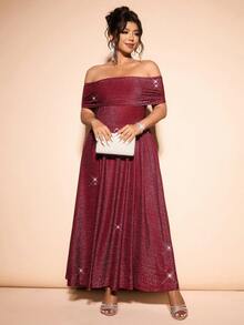 Cravure Elegantes Abendkleid, Off-Shoulder, Glitzer, Große Größen - Bordeaux - Übersicht 7