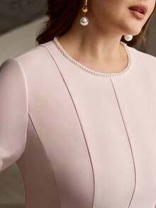 ZEYLAH Elegant Round Neck Pearl Decor Long Sleeve Fit & Flare Dress, Spring/Summer - Pink - View 2
