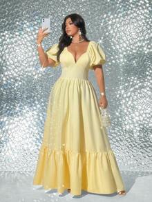 Viva Relle Vestido elegante plus size para encontros românticos com mangas pétala e babados na barra, amarelo manteiga. - Amarelo - Ver 3