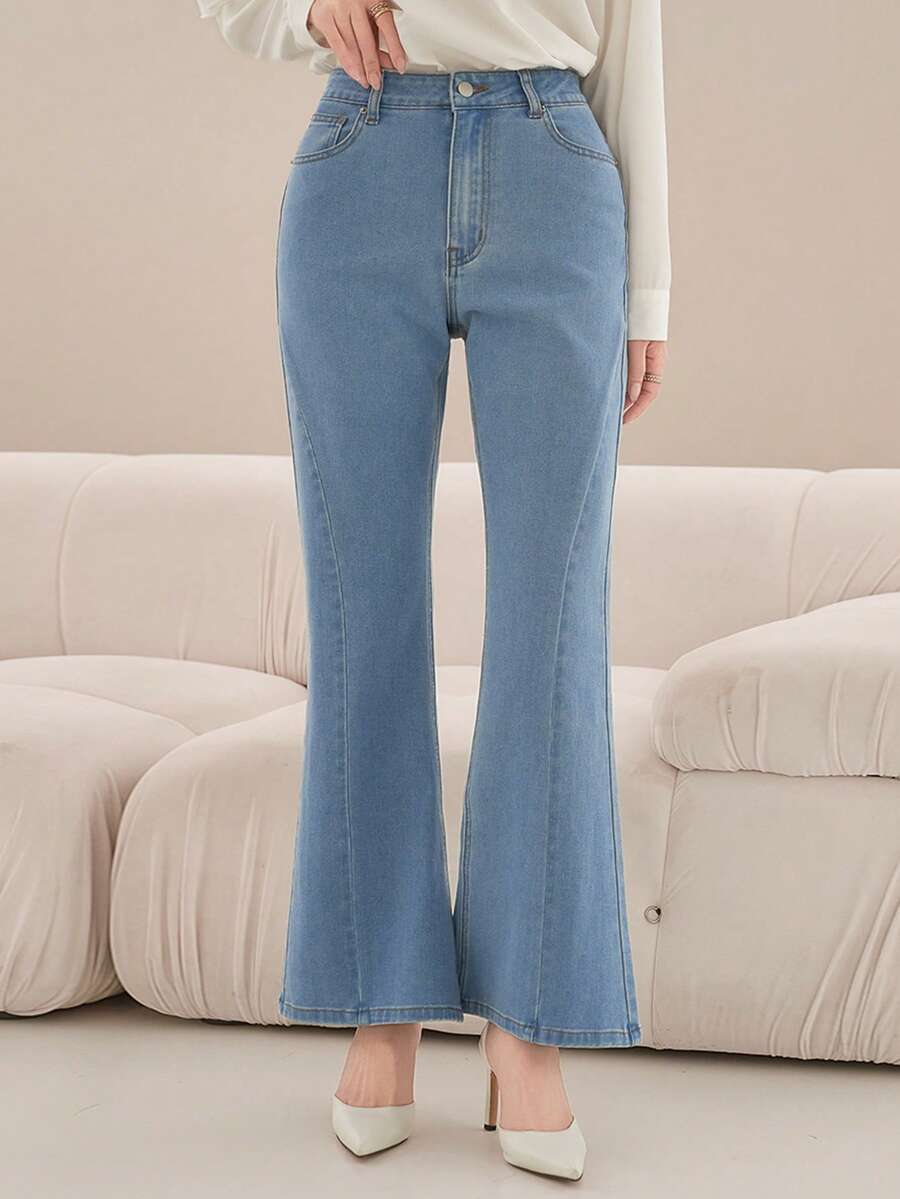 DAZY 女士休闲水洗开衩喇叭牛仔裤 - 中等水洗藍 - 查看 1