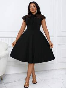 Villa Velisse 女士优雅高领系带袖波点蕾丝拼接A字连衣裙 - 黑色 - 查看 1