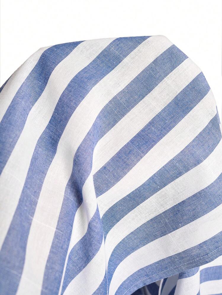 Plus Size Women's Summer Casual Vacation Country Blue & White Striped Patchwork V Neck Short Sleeve Shorter In Front And Longer In Back Button Loose  Blouse Top Shirt,Summer\Vacation,Summer Holiday,Spring Break Outfits ,Vacation Outfits Women ,Holiday Outfits For Women,Going Out Outfits,2026 New Clothes,Simple And Fashionable For Everyday Wear,Suitable For Summer, Vacation, Daily Wear, Women Summer Shirts, Summer Casual Tops, Blouses For Women Summer,Back Can Be Tied,Country Concert Outfit