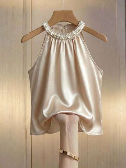 Reflora Plus Size Women Solid Color Faux Pearl Decor Elegant Halter Neck Camisole