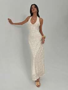 Aloruh White Flocked Elegant Backless Dress, Suitable For Valentine's Day And Wedding Season - Apricot - View 8