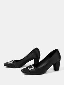 CUCCOO HITCHD French Square Toe High Heel Shoes, New Arrival Chunky Heel Spring/Autumn Mid-Heel Rhinestone Buckle Elegant Pumps Wedding Shoes Spring Shoes Bride Shoes - Black - View 7