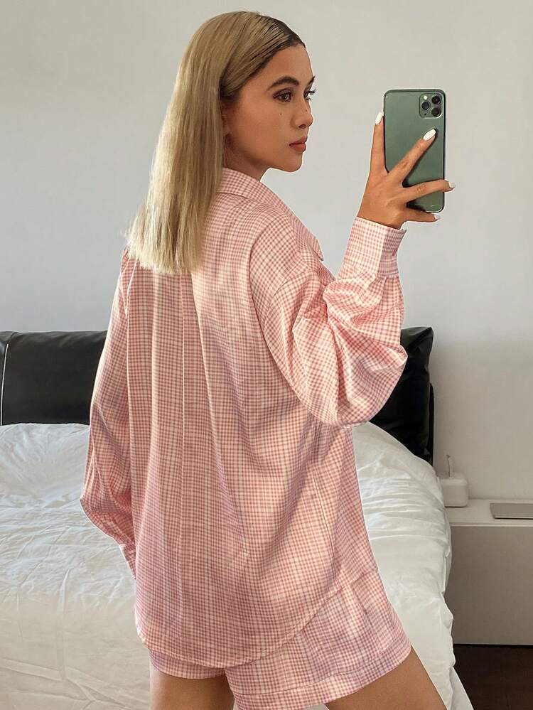 Elegant Plaid Satin Shirt Top And Shorts Women Pajama Set