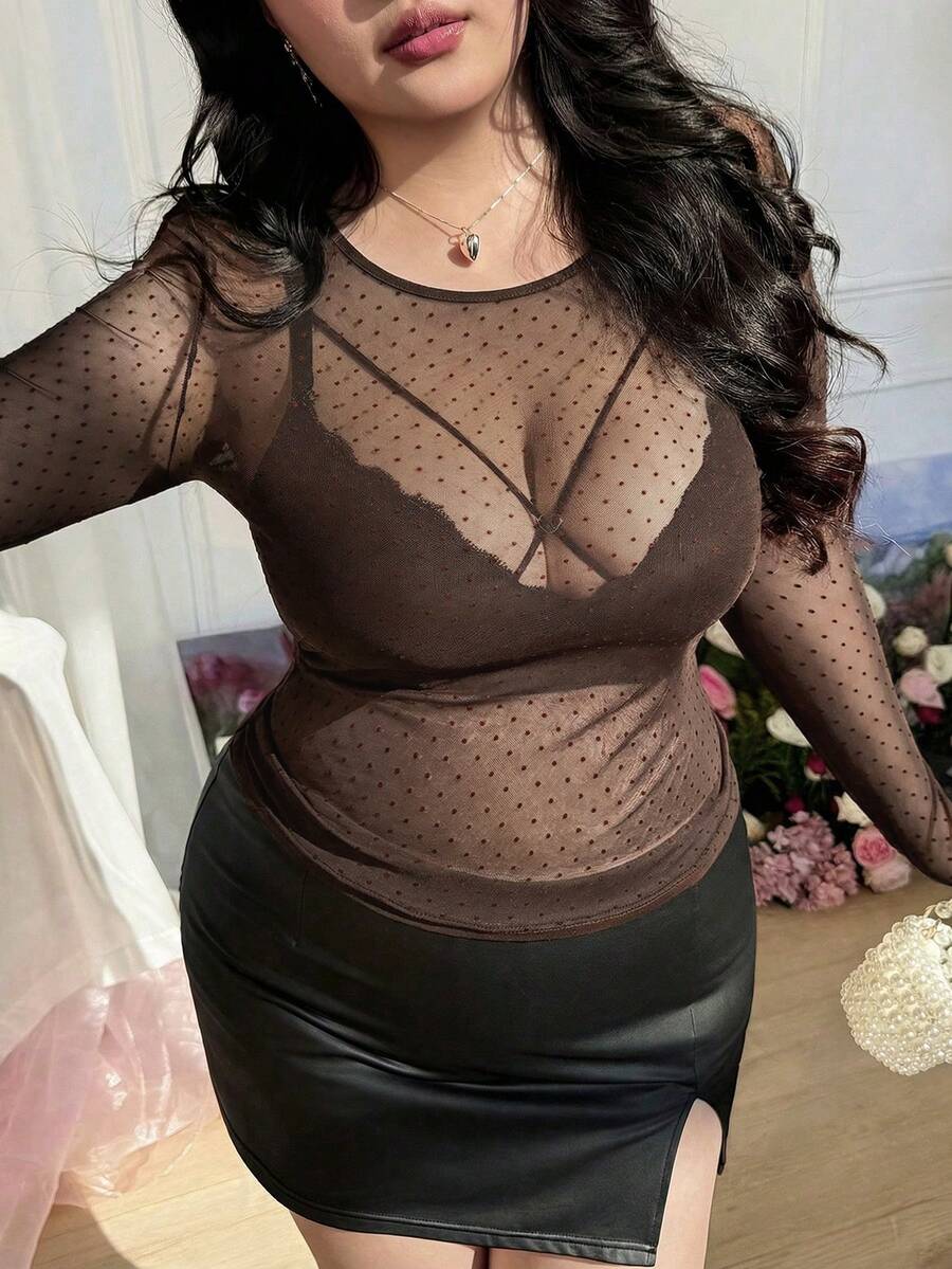 CovetEZ 大码纯色圆领长袖修身性感透视基础款女式上衣 - 棕色 - 查看 1