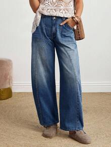 SHEIN PETITE 女士纽扣腰带设计口袋锥形休闲牛仔裤 - 深色水洗藍 - 查看 5