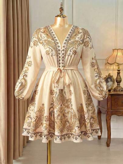 DreamSkyne Vestido con estampado de talle y manga farol de línea A, escote en V, para mujeres de talla grande