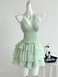 GlowEve New Knitted Textured & Chiffon Layered Ruffle Hem Elegant Sexy Vacation Versatile Mini Dress For Young Women - Green - View 1