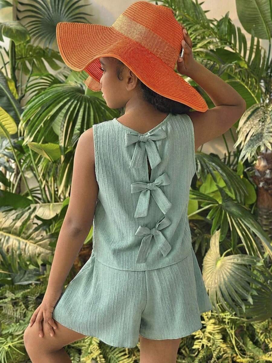 2pcs Tween Girls Casual Round Neck Textured Fabric Bow Back Tank Top And Shorts Set - Mint Green - View 1