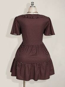 SHEIN ICON 大码女装春夏复古性感优雅通勤休闲日常V领荷叶边波点棕色宽松连衣裙复古波点连衣裙 - 棕色 - 查看 2