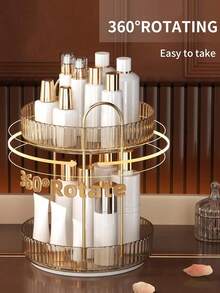 Rotating Cosmetics Storage Rack, 360 ° Rotating Skincare Product Storage Rack, Bathroom Storage Rack, Adjustable Layer Makeup Storage Slouchy Wheel Makeup Storage Rack, Suitable For Dressing Table And Bathroom, Yellow - Champagne - View 5