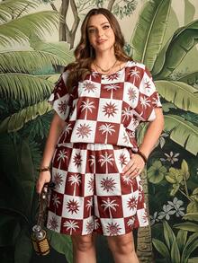 Rosumi 大码女式夏季沙滩度假格子热带印花蝙蝠袖宽松上衣和短裤两件套 夏季服装 沙滩度假服装 波西米亚风女装 度假套装 夏威夷风女装 大码女装 夏季服装 大码女式夏季套装 - 紅白色 - 查看 8