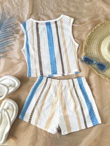 SHEIN Tween Girl Elegant Striped Round Neck Tank Top And Shorts Casual Set - White - View 7