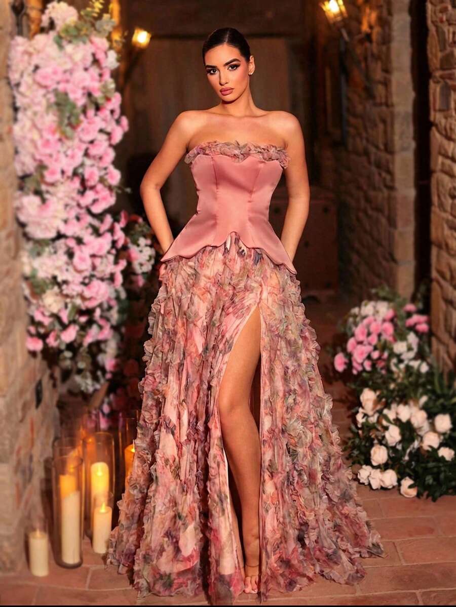 Glamrae 优雅多色浪漫网纱花卉印花拼接缎面不对称高低摆长款连衣裙，侧开衩设计，适合约会、度假、单身派对、婚礼、返校、所有正式场合、红毯、音乐会、晚宴等。