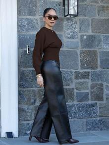 Melissa Matos Casual Round Neck Drawstring Waist Slim Fit Solid Color Knit Sweater, Versatile For Autumn/Winter - Coffee Brown - View 5