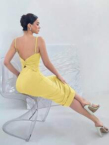 Aloruh Backless Tie-Back Spaghetti Strap Dress, Stretchy, Summer - Light Yellow - View 5