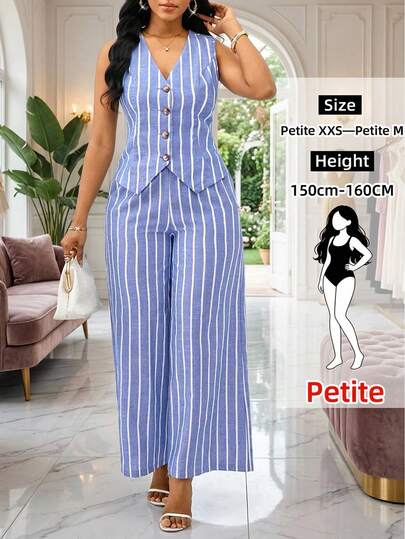 SHEIN Lady Petite Conjunto de chaleco sin mangas y pantalones de tela a rayas azul y blanco, estilo elegante y de negocios para mujeres, conjunto de dos piezas de verano para mujeres