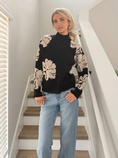 Sydney Algeri 优雅时尚花卉铆钉女士针织毛衣，适合上班通勤