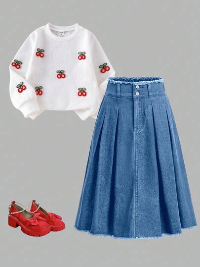 SHEIN Girlism Tween GirlsNavy Blue Denim Pleated Skirt