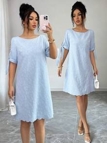 Elenzga 2026春夏新款女士优雅度假串珠蝴蝶结裹身连衣裙/半身裙 - 淺藍色 - 查看 3