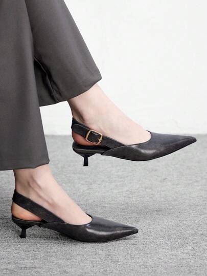 CUCCOO BIZCHIC Damsandaler med spetsig tå, svart PU-läder, metallspänne, ankelrem, stilettklack, pendlingsmode, högklackade sandaler