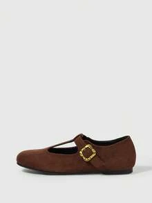 Sleekvia Women's Buckle Design Casual Versatile Flat Shoes - Coffee Brown - View 7