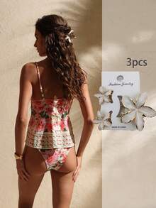 Swim Chiccia 3个锌合金珐琅百合花发夹，可爱女孩夏季海滩度假发夹，雏菊花发夹，女士半包式发夹，发爪，仙女发夹（随机款式纸板），秋冬季发夹爪发饰优雅爪夹 - 彩色 - 查看 3