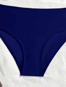 SHEIN Teen Girls Solid Navy Blue Knit Bikini Set,Halter Neck Triangle Bottoms,Preppy Style Soft Swimwear For Summer,Beach,Holiday,Pool Parties And Vacation - Blue - View 5