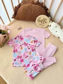 SHEIN 4件套 Dozemod 儿童女童休闲简约修身圆领短袖上衣和裤子家居服套装，卡通图案，适合春夏穿着 - 淺粉色 - 查看 3